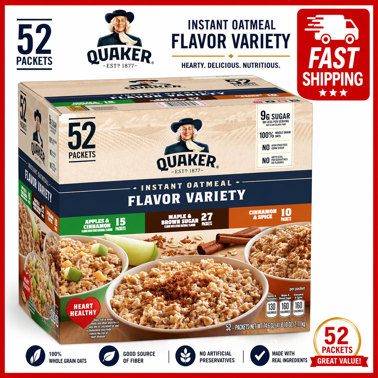 Quaker Instant Oatmeal Variety Pack, 1.51 oz, 52 Count – Assorted Flavors.