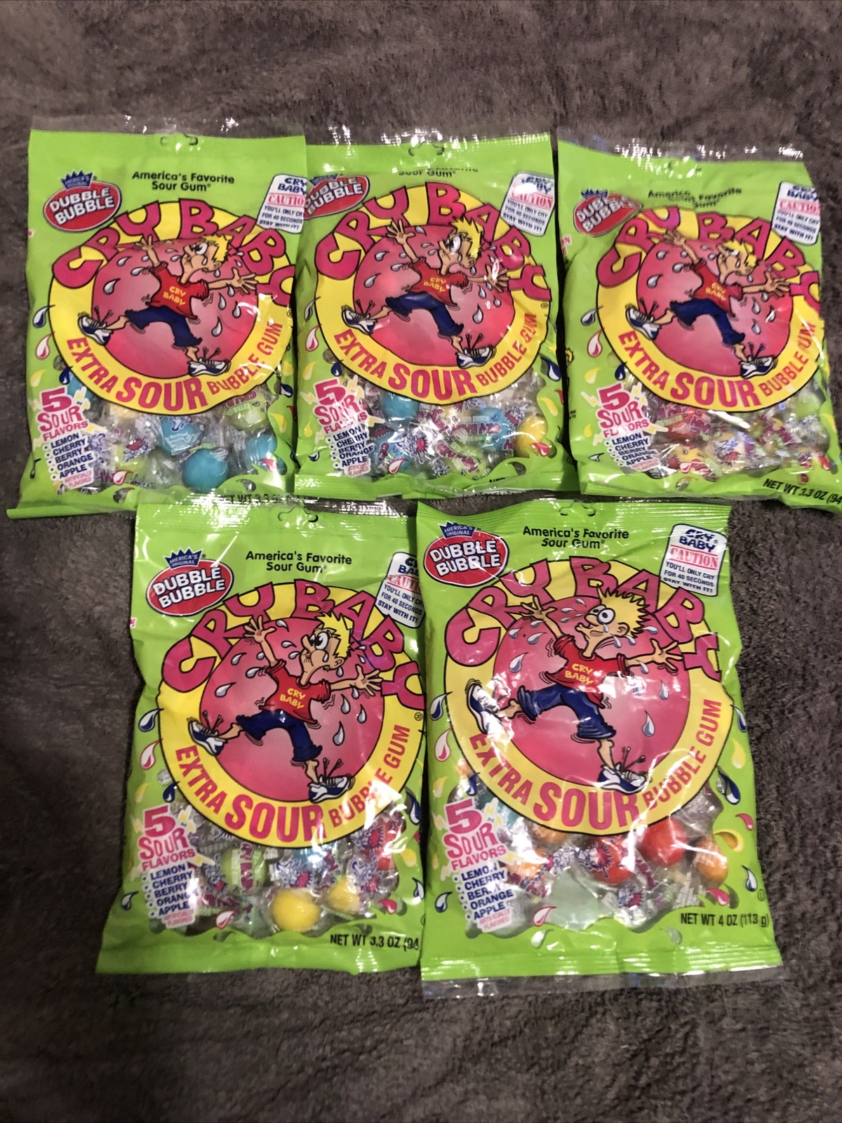 *5 PACK* – Dubble Bubble Cry Baby Extra Sour Gum, 4 oz. Bags (5 Sour Flavors)