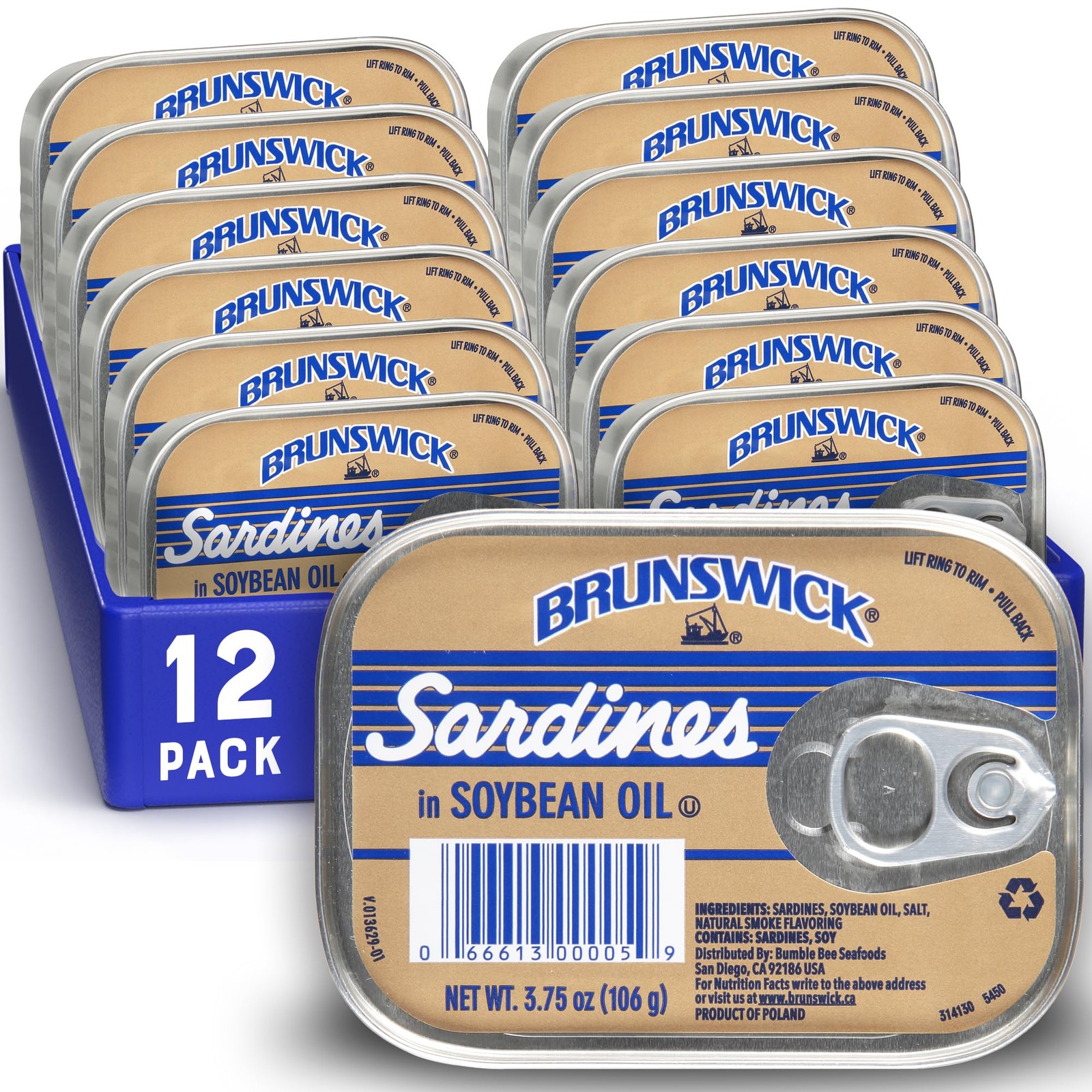 Brunswick Wild Caught Sardines in Soybean Oil, 3.75 Ounce (Pack of 12)
