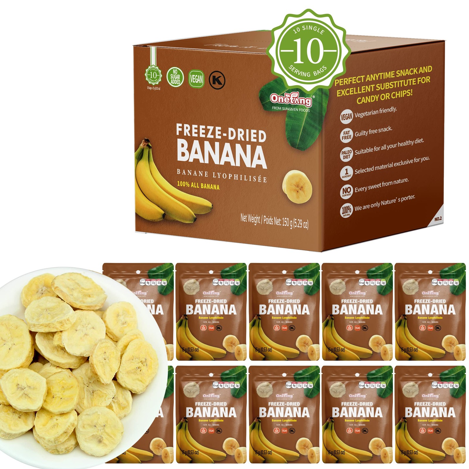 ONETANG Freeze-Dried Fruit Banana Chips, 10 Pack 15 Count (Pack of 1)