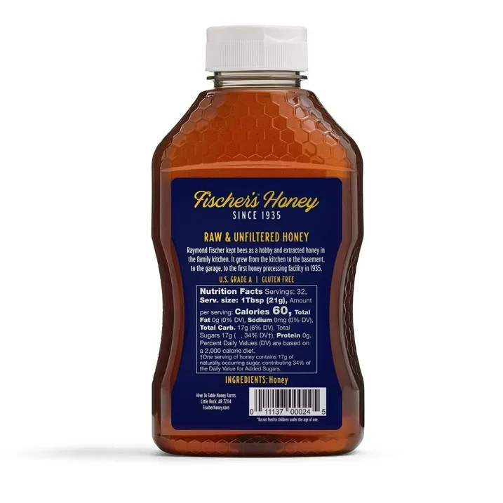 Fischers Honey, 24oz Raw and Unfiltered, Local 100% US Grade Squeeze Bottle New