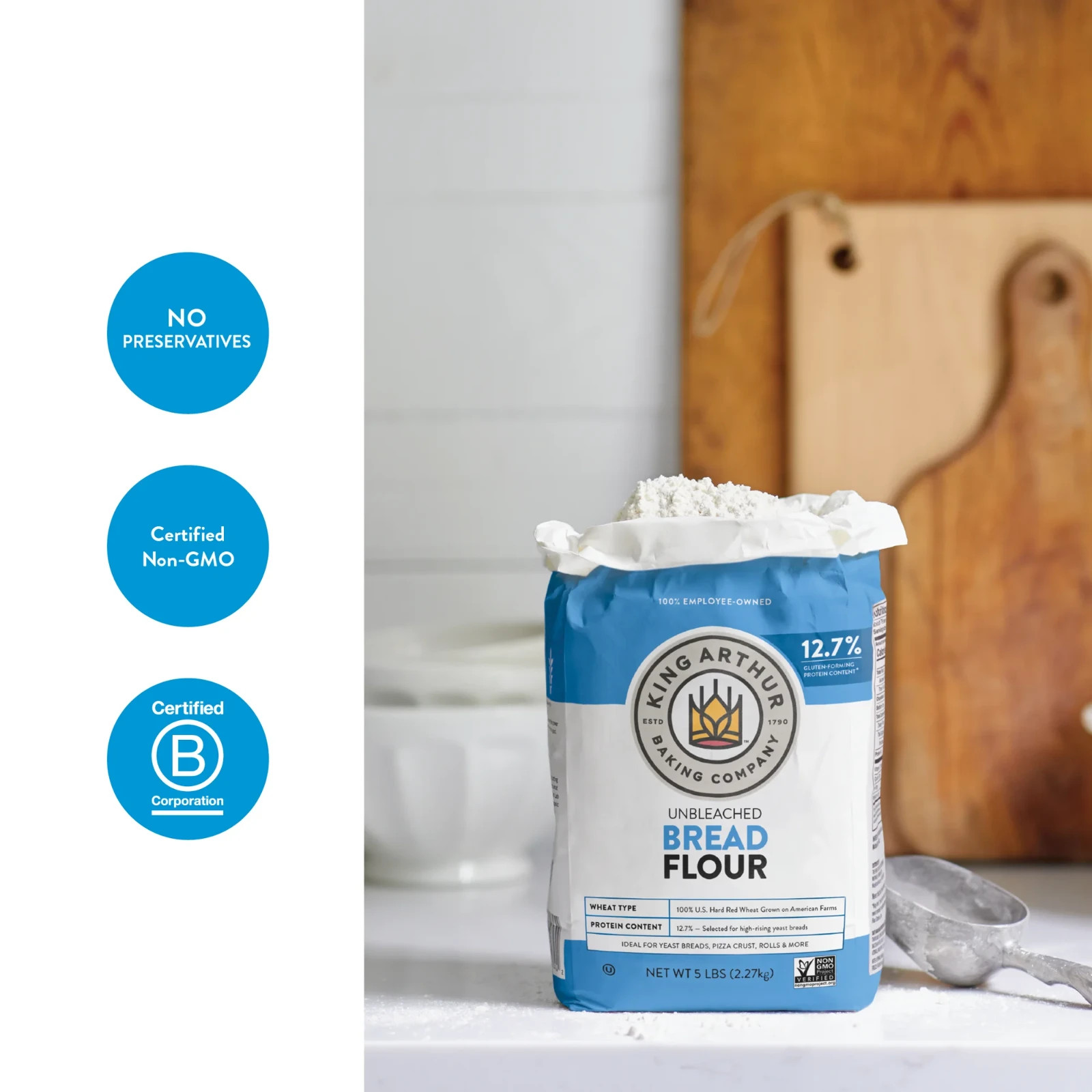 King Arthur Baking Company USDA Organic, Unbleached Bread Flour, 5 lb Bag.