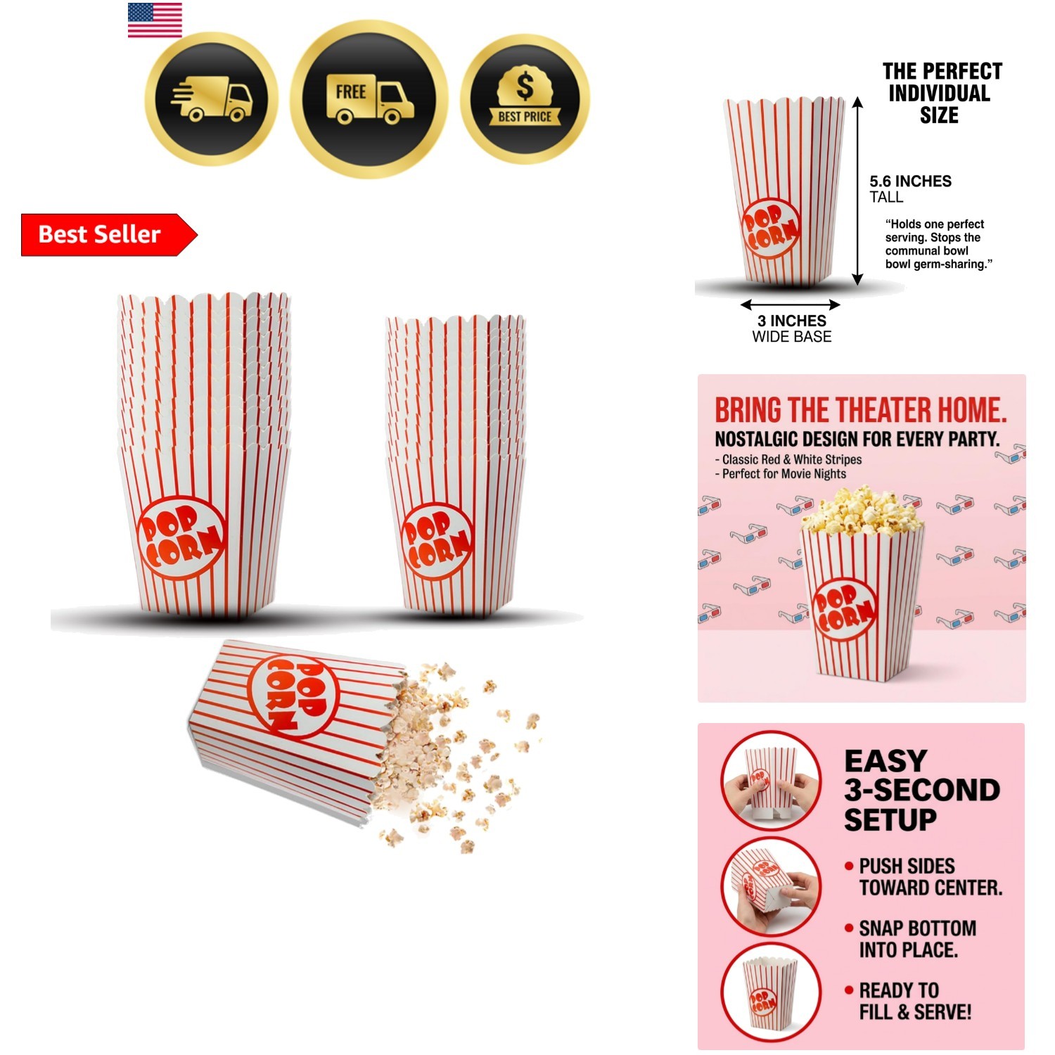 50 Pack Popcorn Boxes Movie Night Popcorn Bags for Party Red and White Popcor…