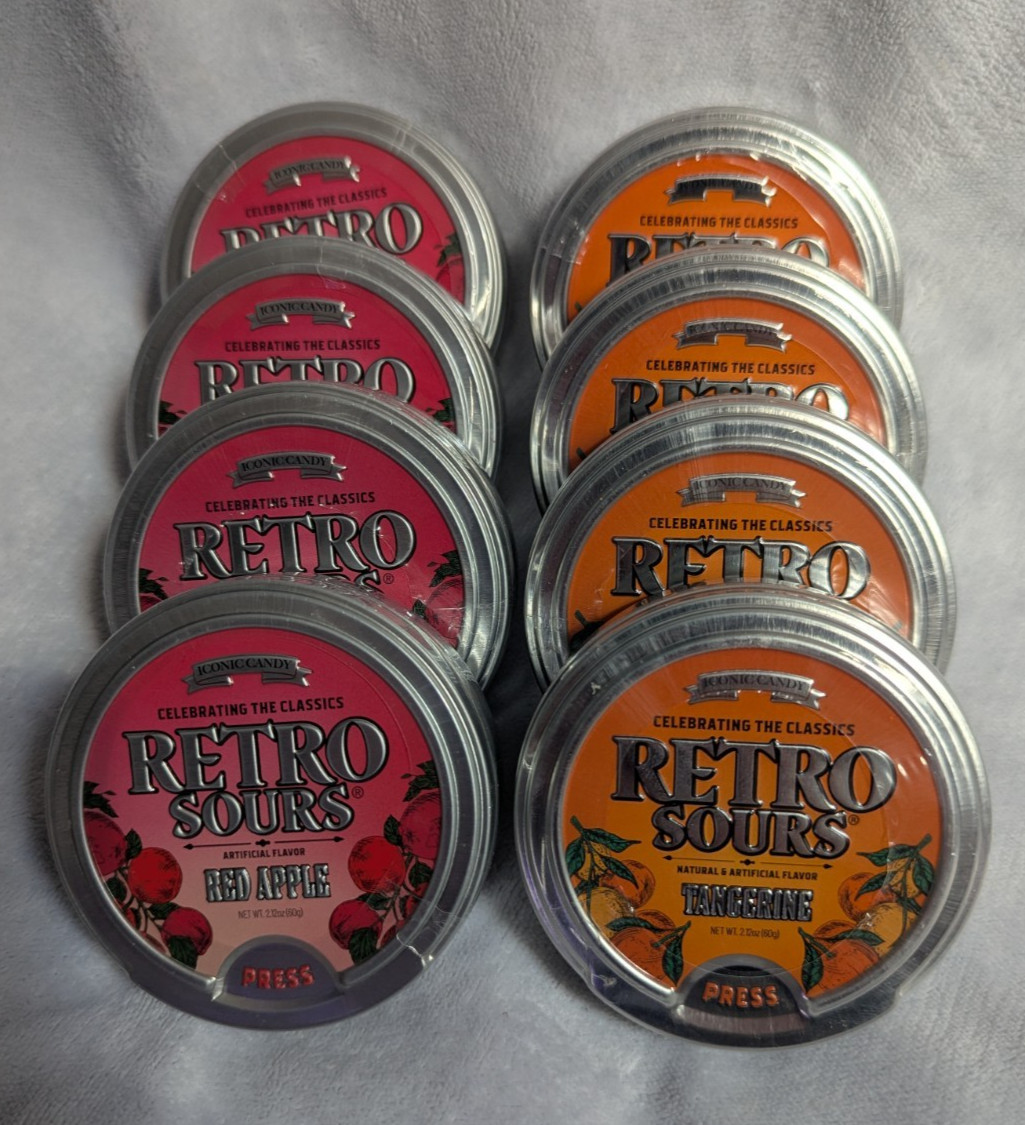 Lot of 8 Iconic Candy Retro Sours Sealed Tins – 4 Red Apple & 4 Tangerine
