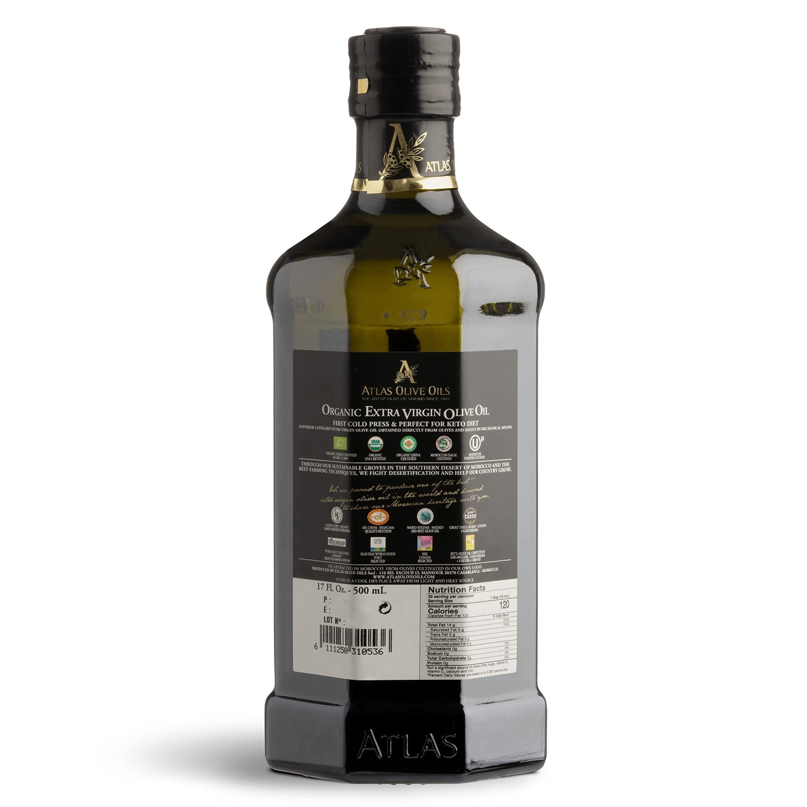 Atlas Organic Cold Pressed Moroccan Extra Virgin Olive 17 Fl Oz (Pack of 1)