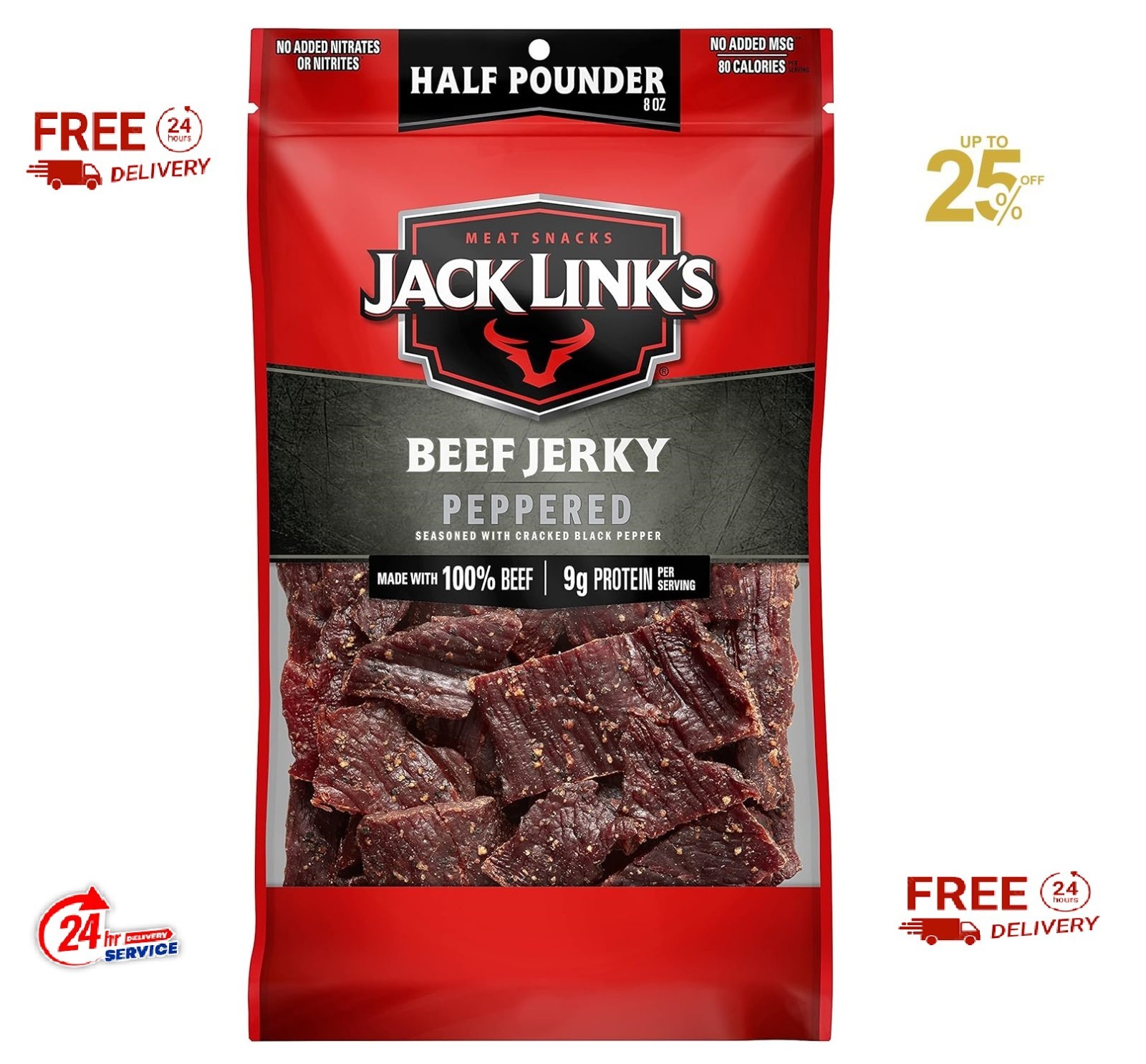 Jack Link’s Beef Jerky, Peppered, 1/2 Pounder Bag – Flavorful Meat Snack, 9g of
