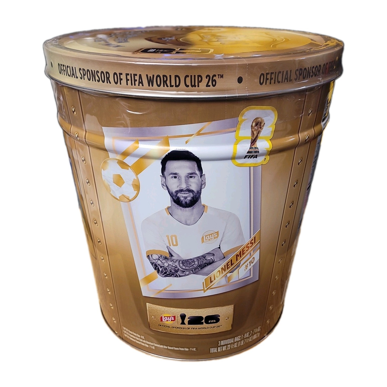 Lays FIFA World Cup 2026 Mix Large Collectible Tin Lionel Messi Sealed 3 Bags