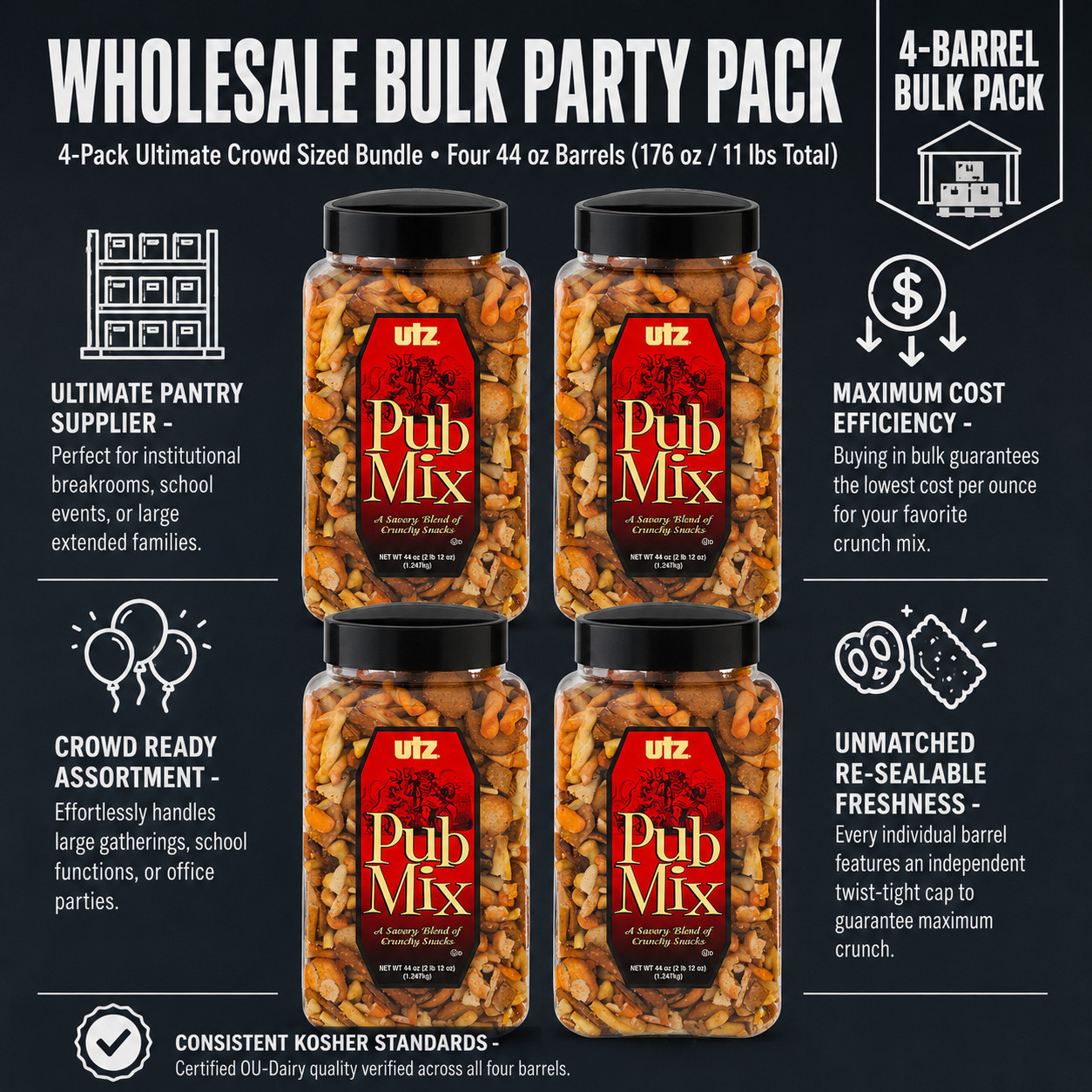 4 Pack Utz Pub Crunchy Snack Mix, 44 oz