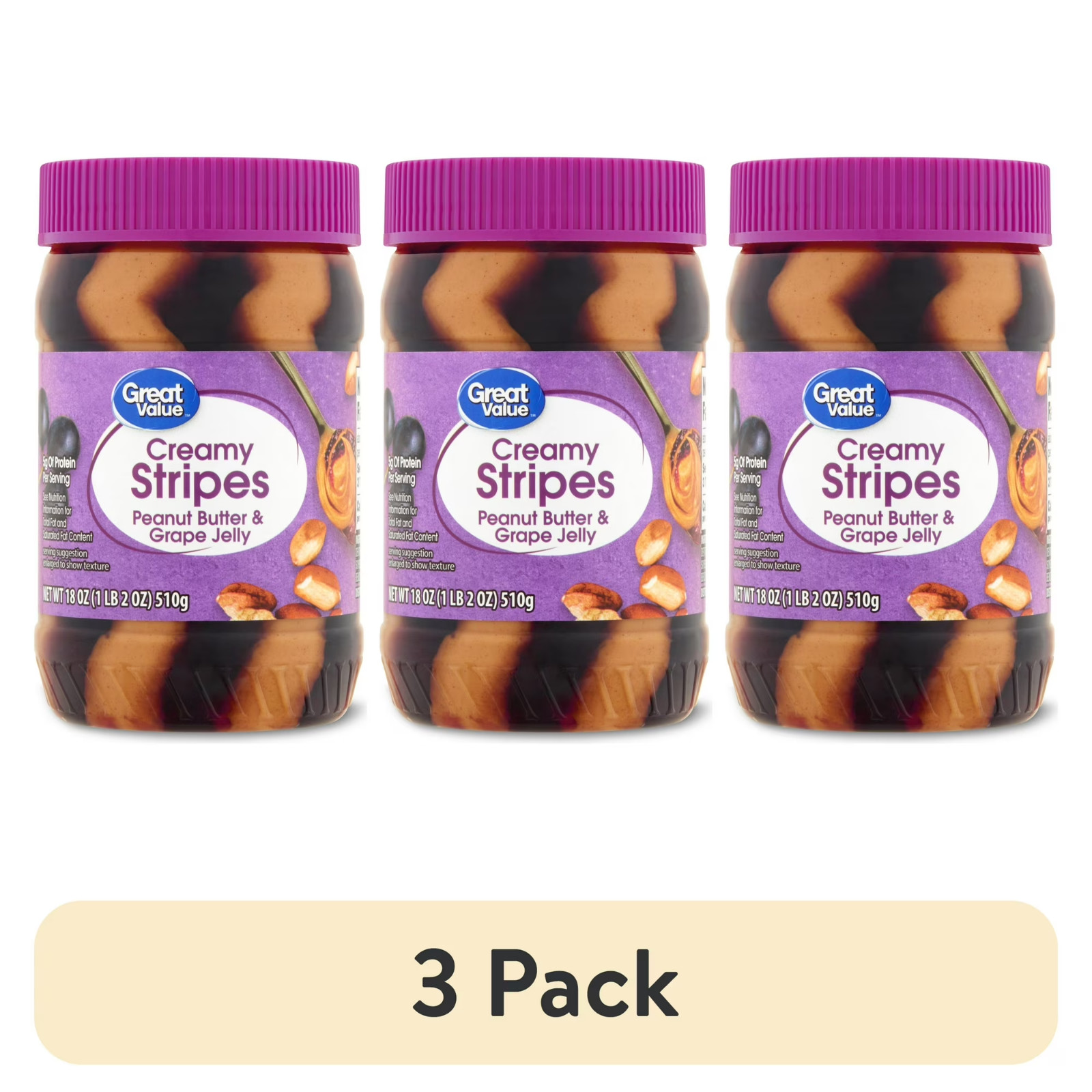 Great Value Creamy Stripes Peanut Butter & Grape Jelly Spread 18 oz (3 Pack)..