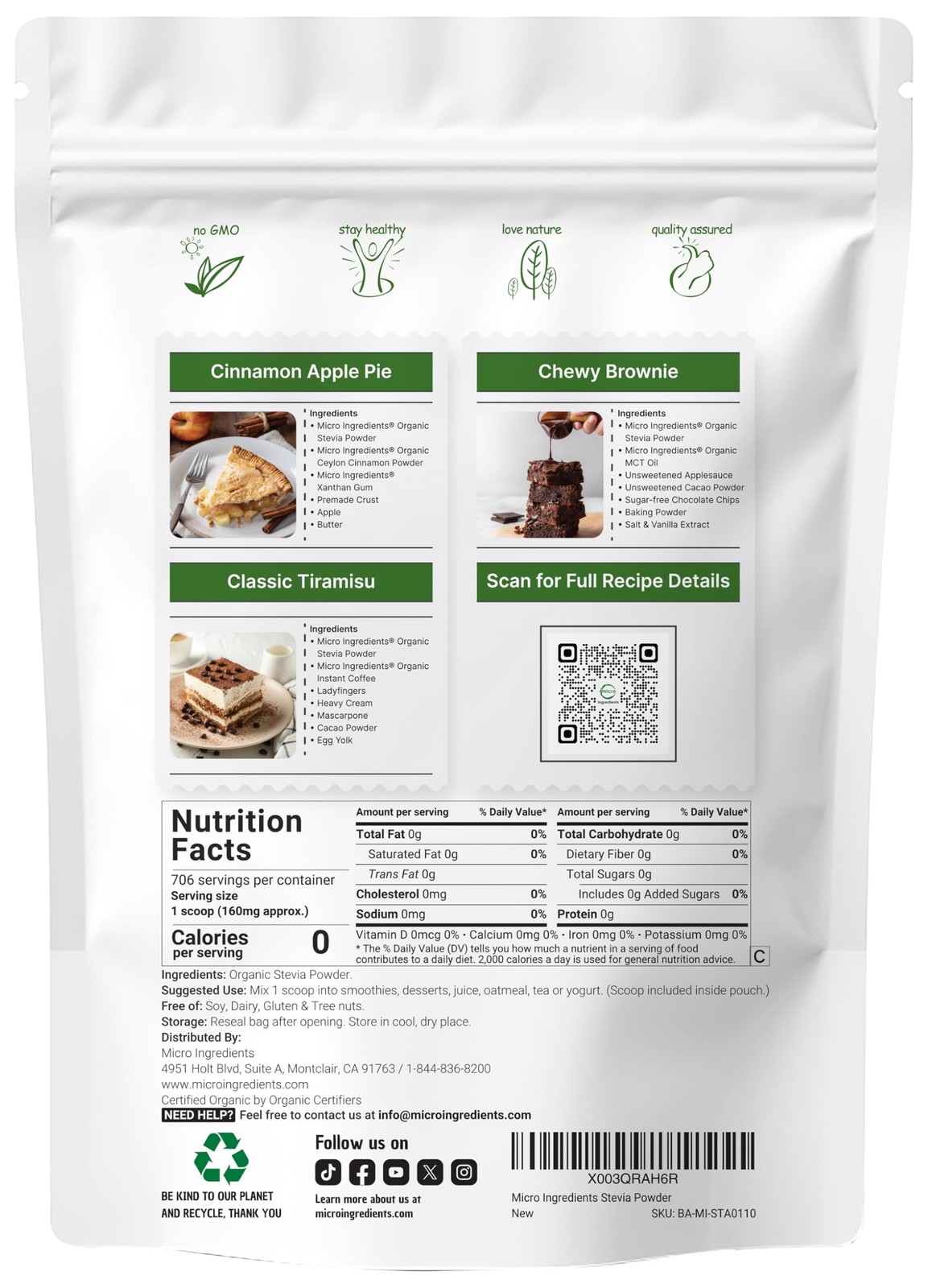 Micro Ingredients Organic Stevia Powder, 4 Ounces, Pouch, 706 Serving, Highes…