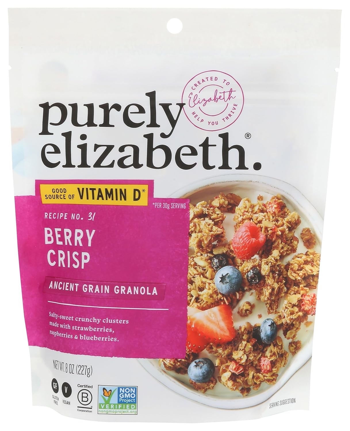 Purely Elizabeth, Berry Crisp, Ancient Grain Granola with Vitamin D 8oz Bag