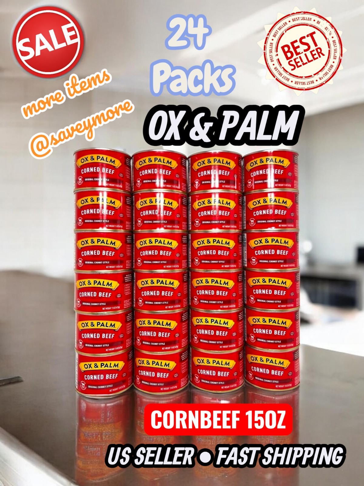 Ox and Palm Corned Beef original Chunky Juicy Style 15oz (Pack of 24) Box New