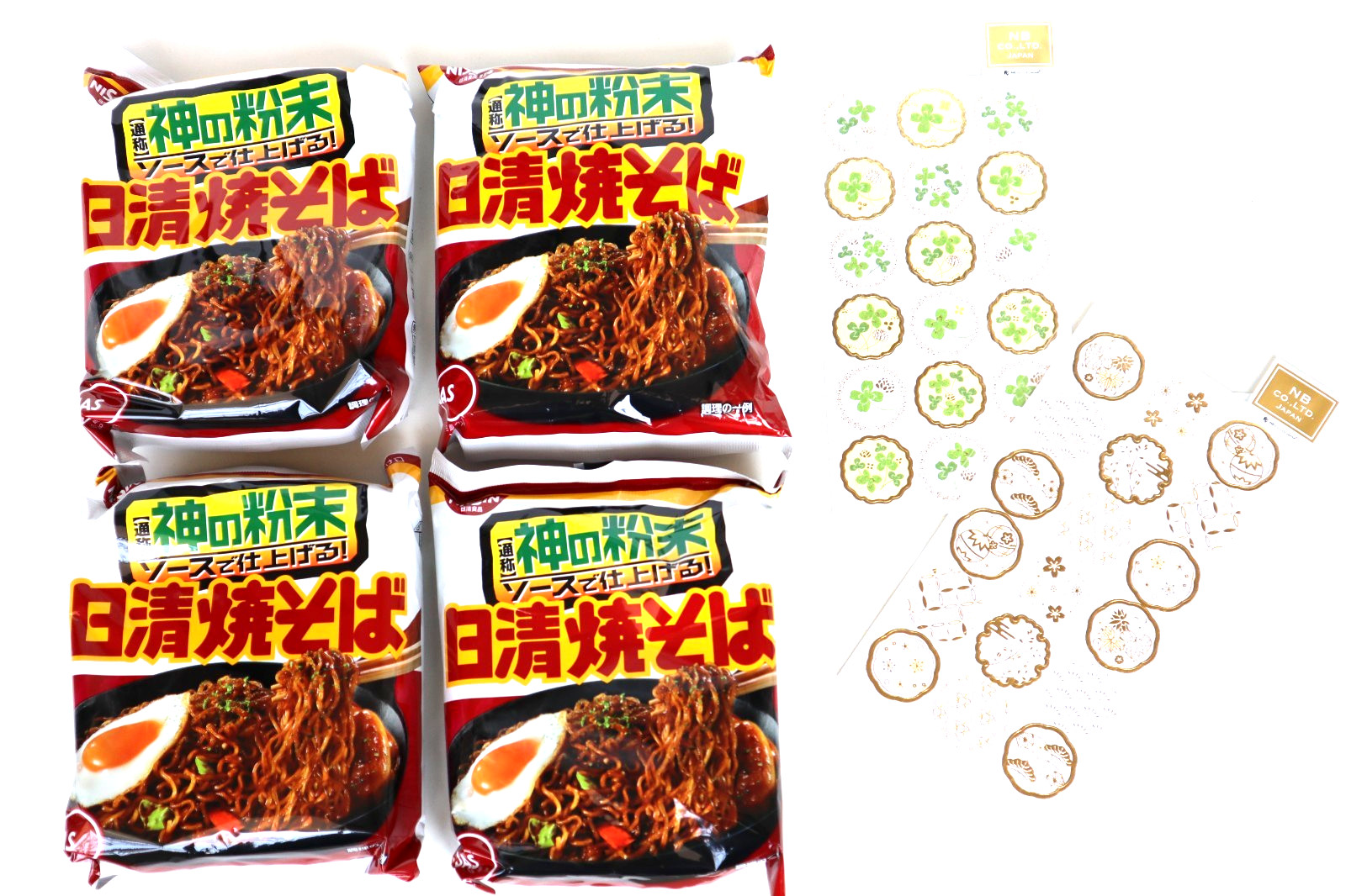 Japanese Snack Box Nissin Yakisoba Noodles 4P & Kawaii Washi Stickers Lot Japan