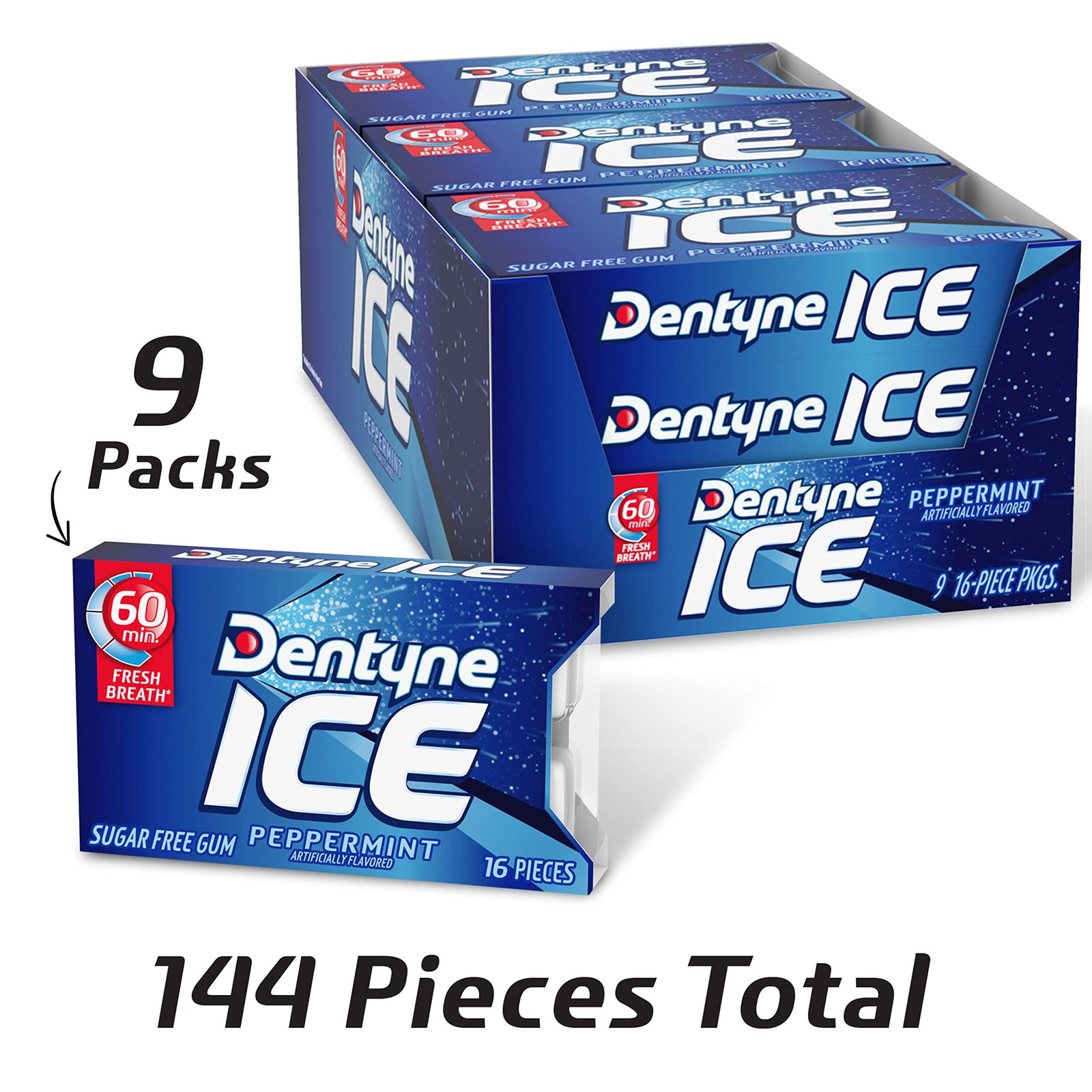 Dentyne Ice Peppermint Sugar-Free Chewing Gum, 9 Packs of 16 Pieces (144 Tota…