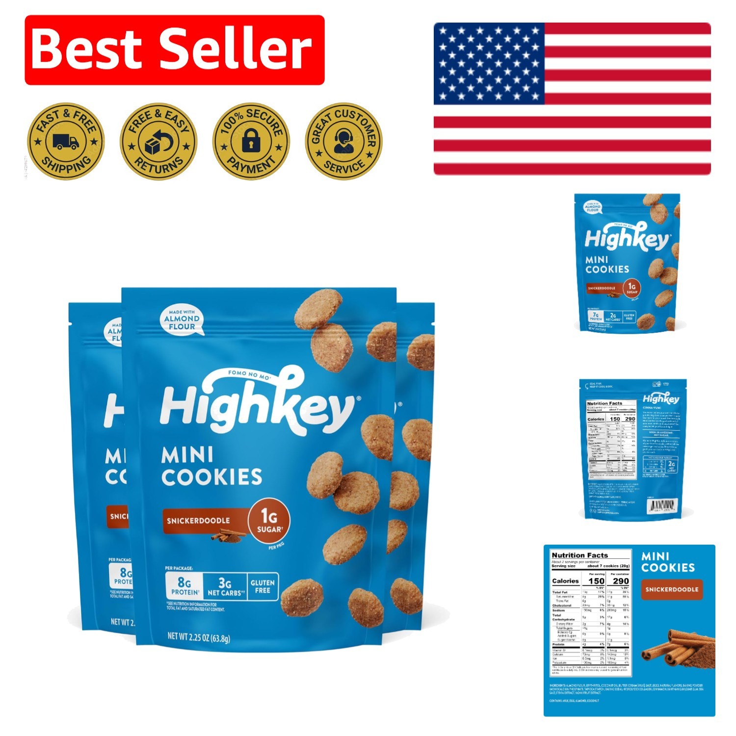 3 Pack of Gluten Free Low Carb Snickerdoodle Cookies – Diabetic Friendly Treats