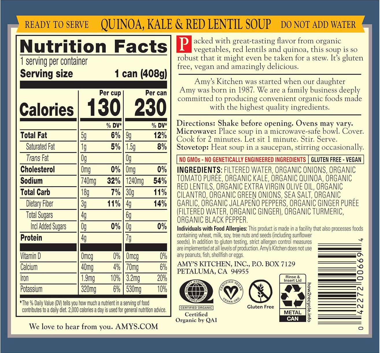 Amy’s Organic Quinoa, Kale & Red Lentil Soup – 14.4 oz