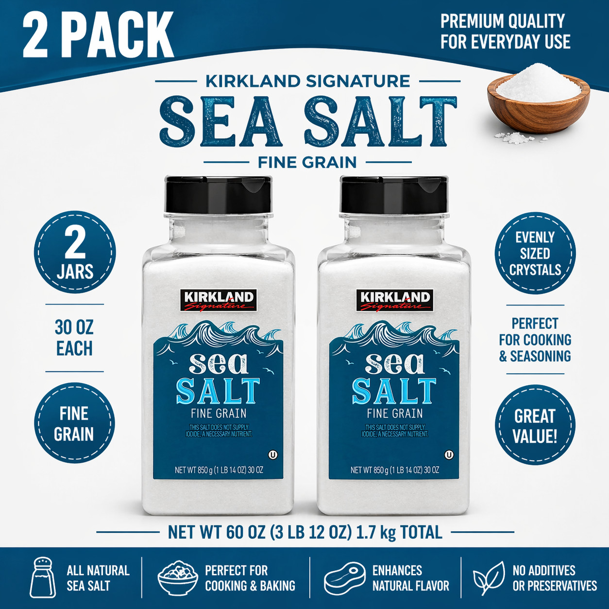 2-Pack Kirkland Signature, Pure Sea Salt, 30 oz