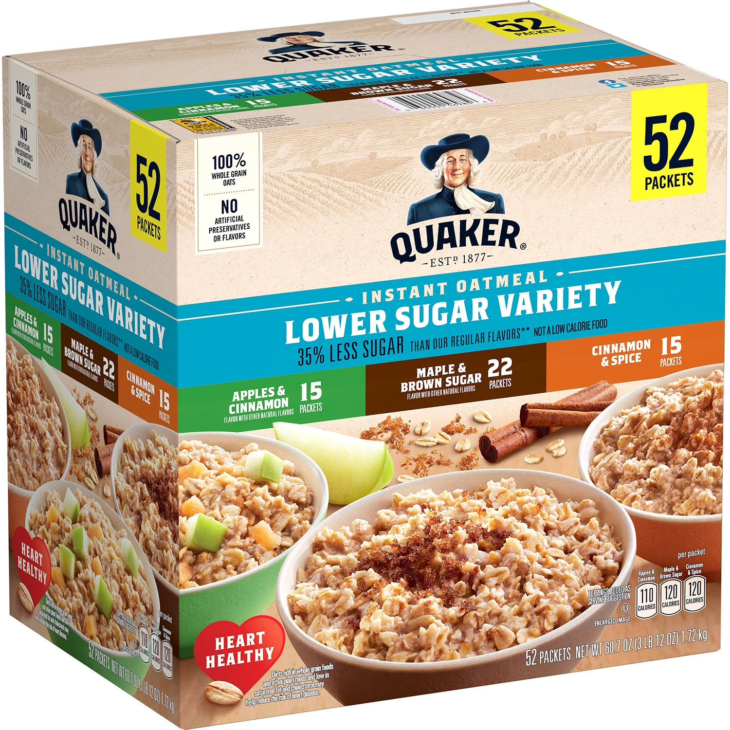 Quaker Lower Sugar Instant Oatmeal Variety Pack – 1.17 oz, 52 Pack. Free Shiping