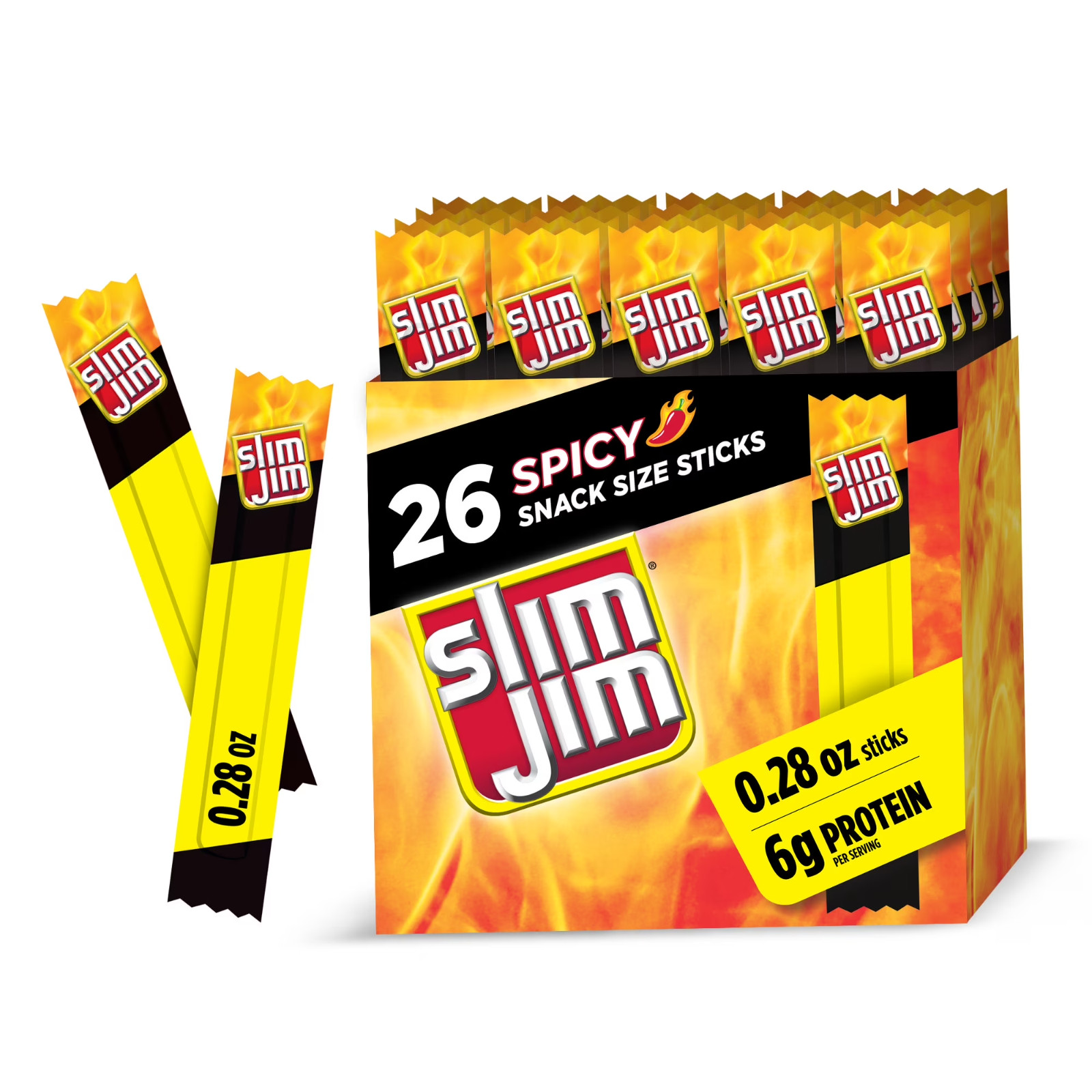 Slim Jim Smoked Meat Sticks, Spicy Flavor, 6g Protein Per Serving, Snack Size, L