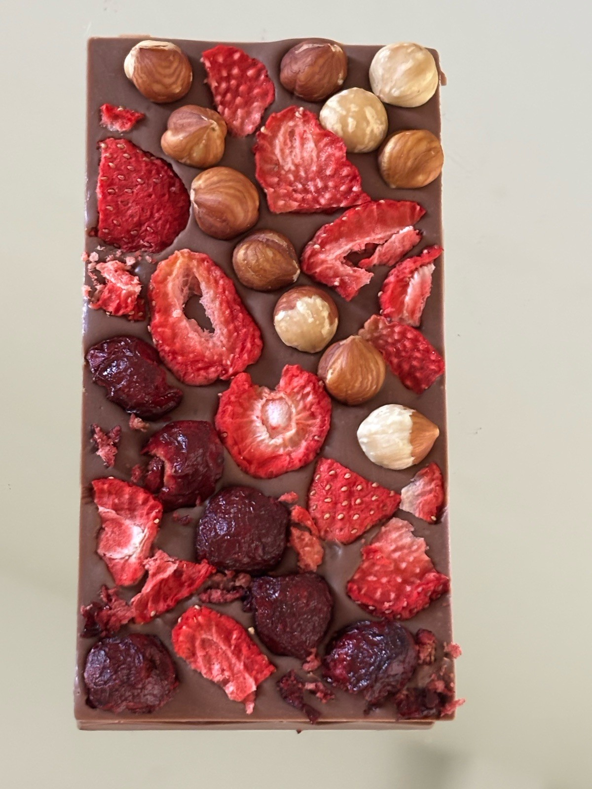 Milk chocolate bar with Strawberry Hazelnut Cherry Belgium Chocolate