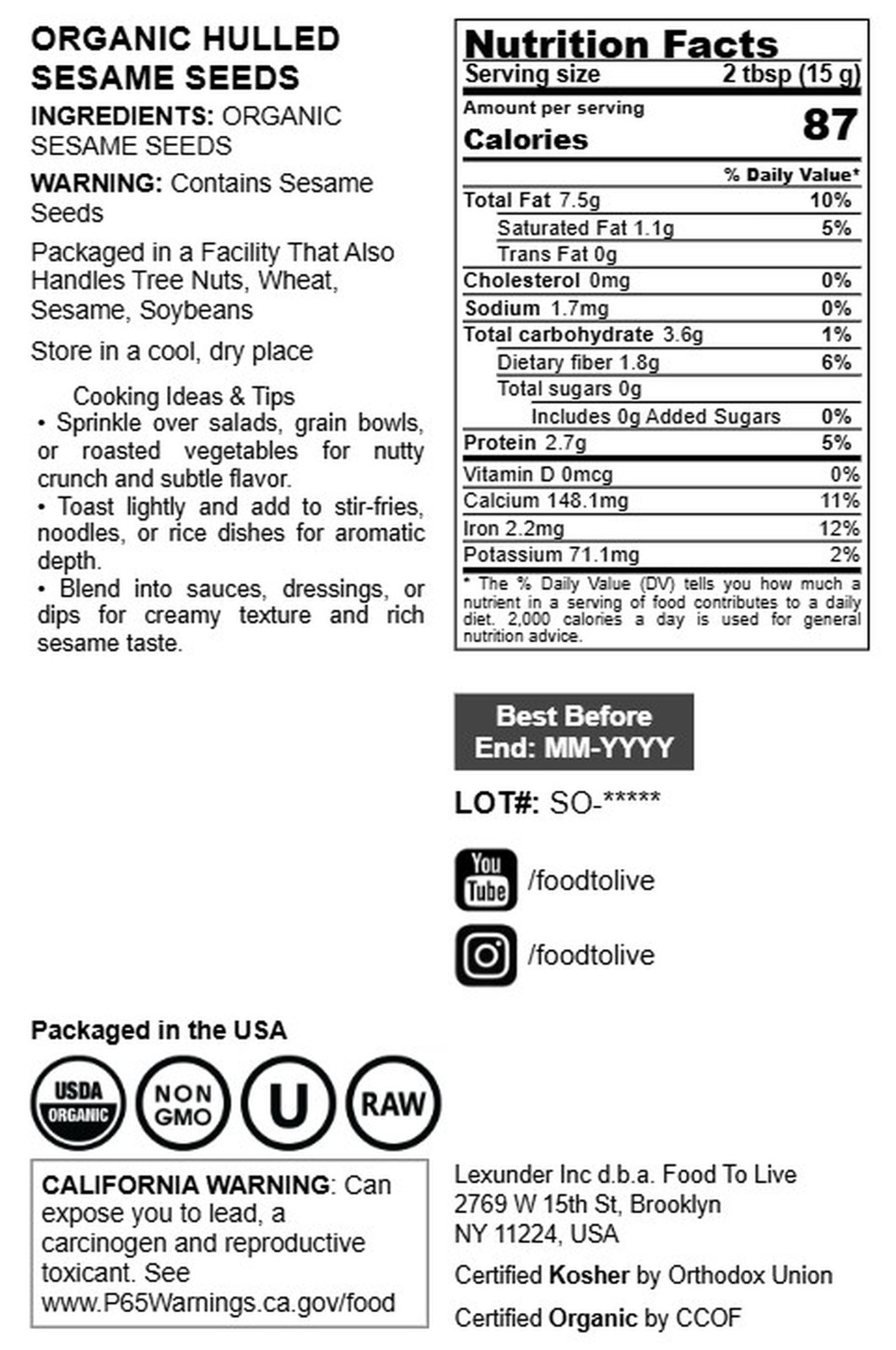 Organic Hulled Sesame Seeds — Non-GMO, Kosher, Raw, Vegan — by Food to Live