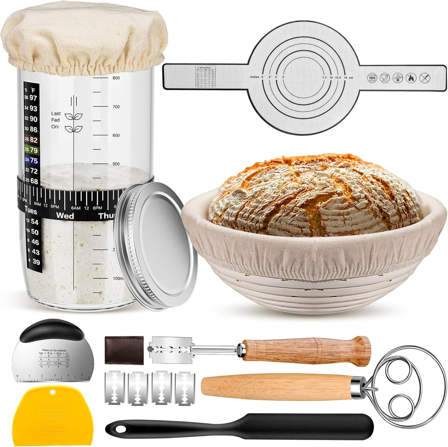 Sourdough Starter Kit,9»Round Proofing Basket,36oz Sourdough Starter Jar | B…