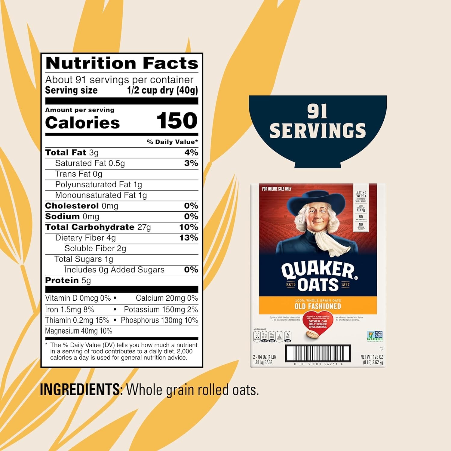 2-Pack Quaker Old Fashioned Oats, 100% Whole Grain – 90 Servings of Goodness