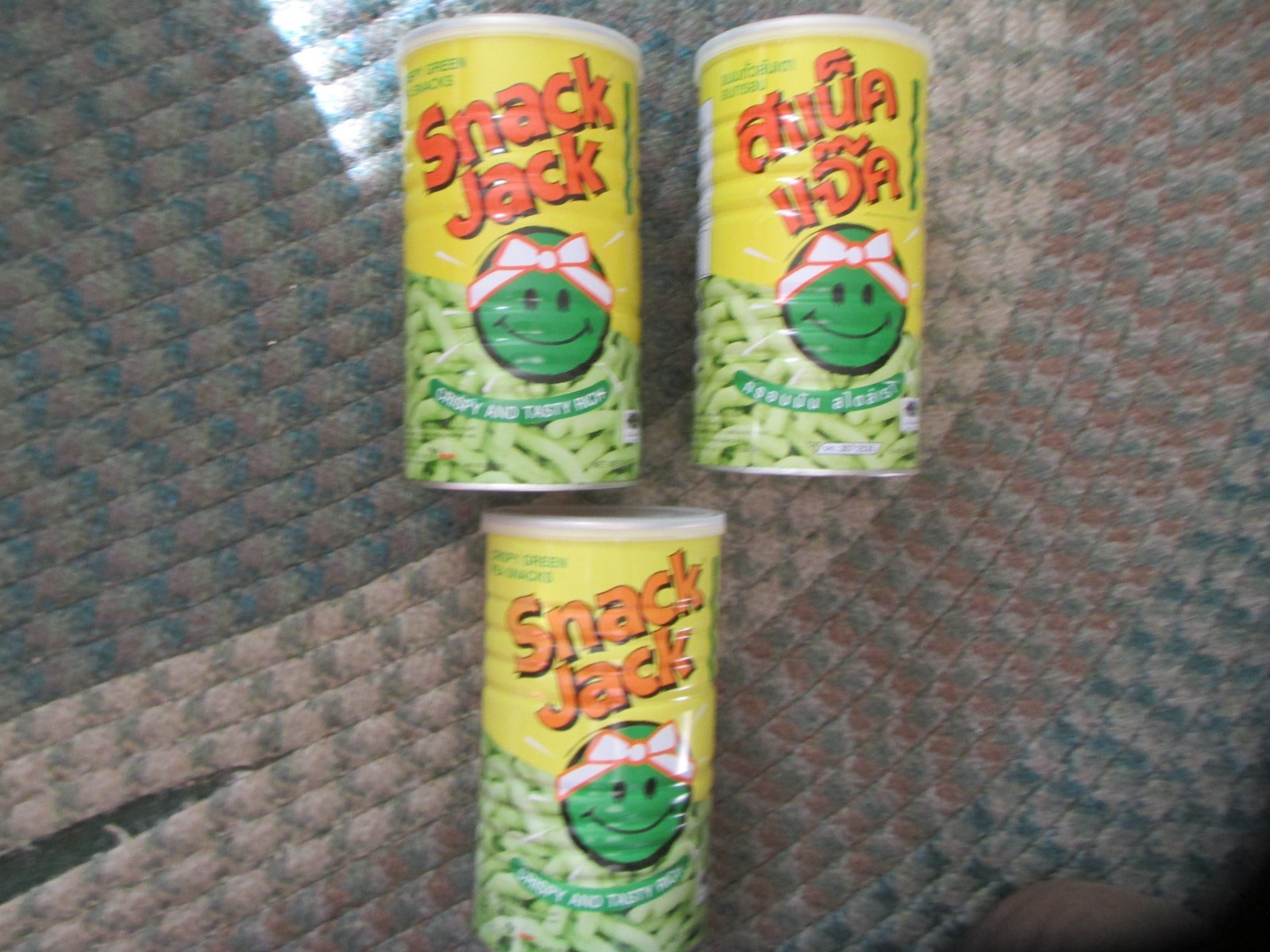 3 Vintage can SNACK JACK green pea snack 2002 Hanami Tomato Co Thailand