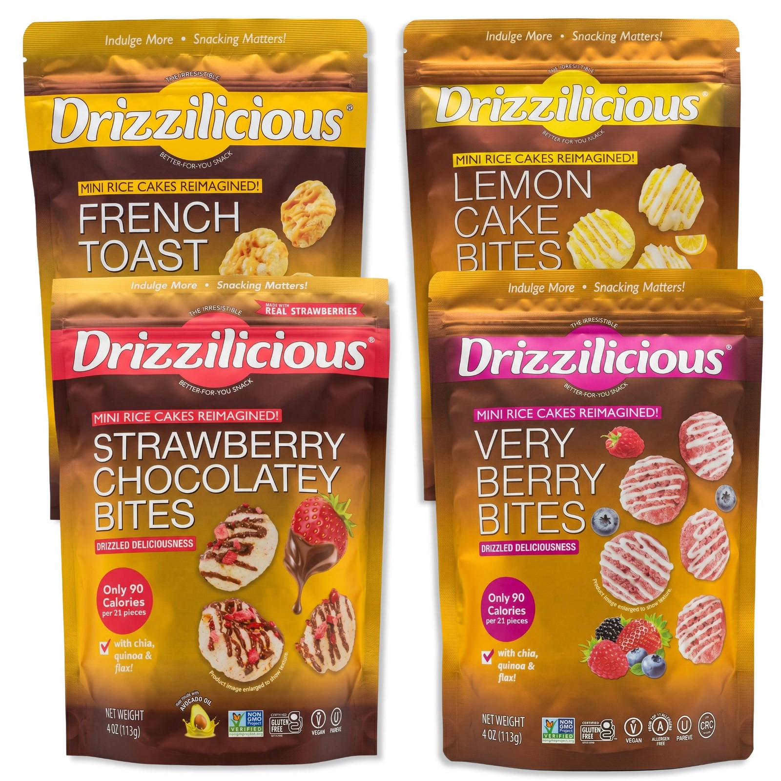 Drizzilicious Mini Rice Cake Bites Variety Pack, Chocolate Strawberry, Very Berr