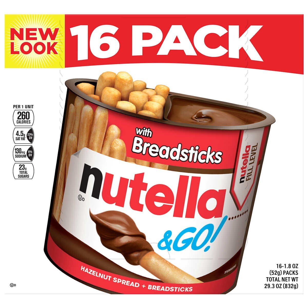16 Pack Nutella and Go Snack Pack Hazelnut Spread with Breadsticks 28.8 oz Total