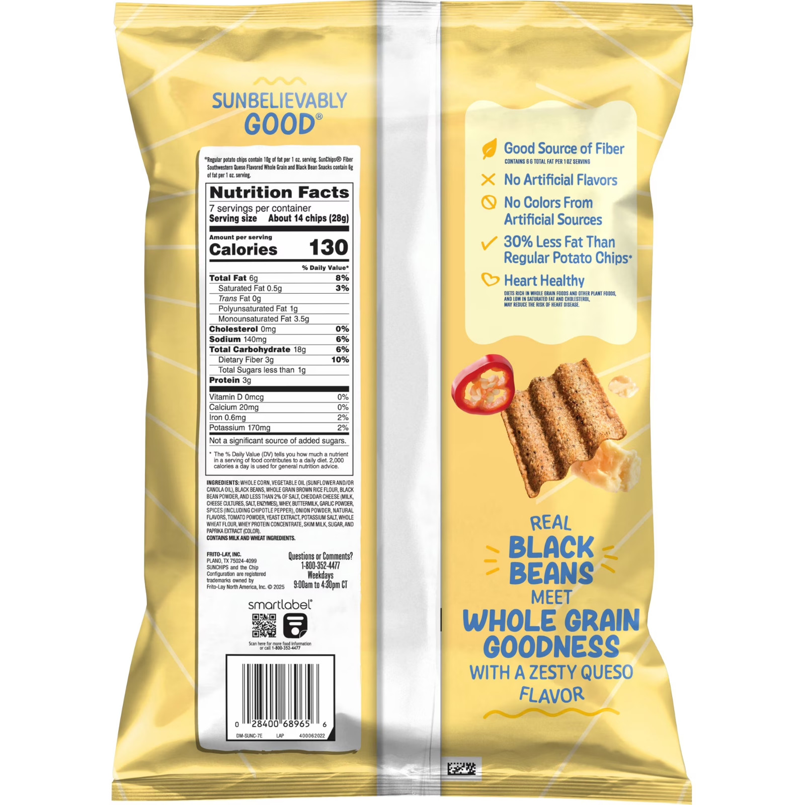 GISunChips 100% Whole Grain Black Bean Southwestern Queso Snack Chips Bag 7 oz​.