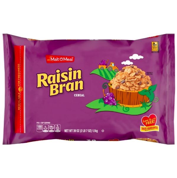 Malt-O-Meal Raisin Bran Cereal,Family Size Breakfast Cereal,39 oz Resealable Bag