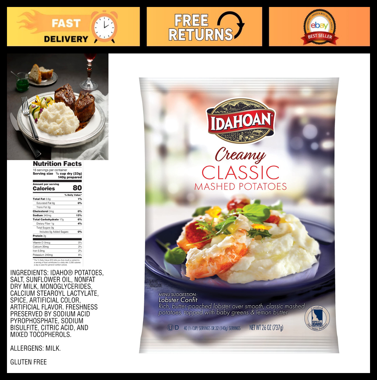 Creamy Classic Mashed Potatoes 26 oz Pouches – Pack of 12, Easy Prep, Comfort Fo