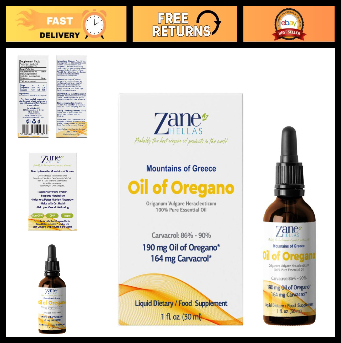 100% Pure Oregano Oil 190mg – 164mg Carvacrol per Serving – 30ml Undiluted Extra