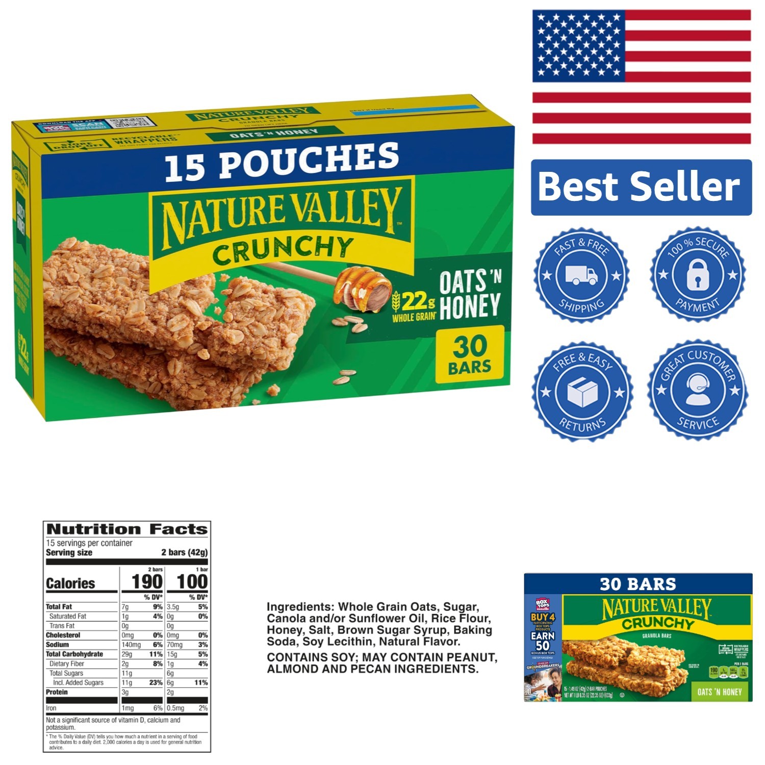 Oats ‘n Honey Crunchy Granola Bars, Gluten Free, 30 Ct – Perfect for Anytime