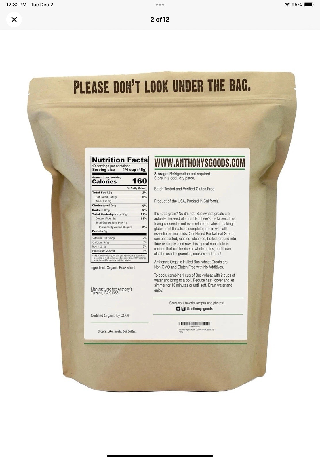 Anthony’S Organic Hulled Buckwheat Groats, 5Lb, Gluten Free, Non GMO