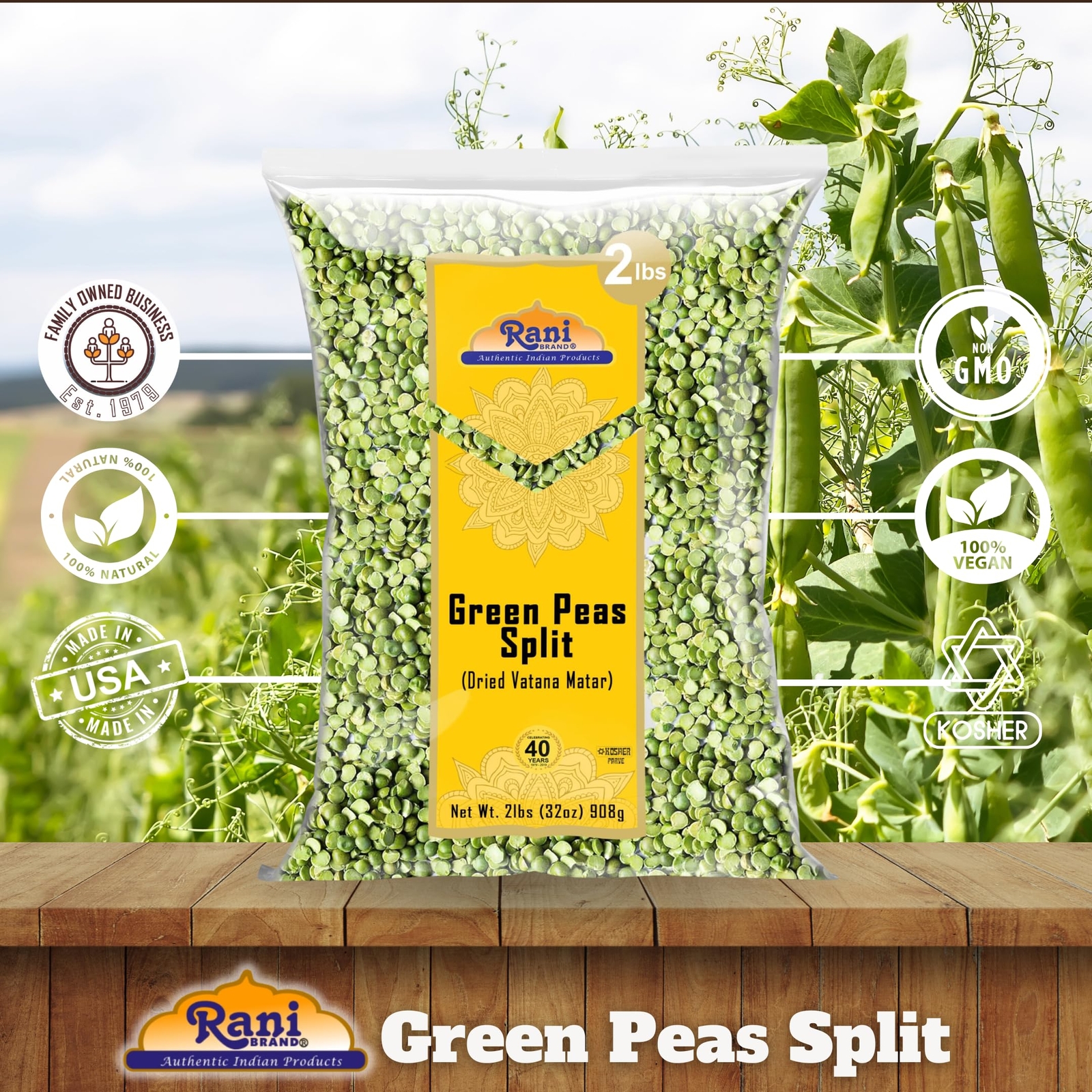 Rani Green Peas Split, Dried (Vatana, Matar) 32oz (2lbs) 907g