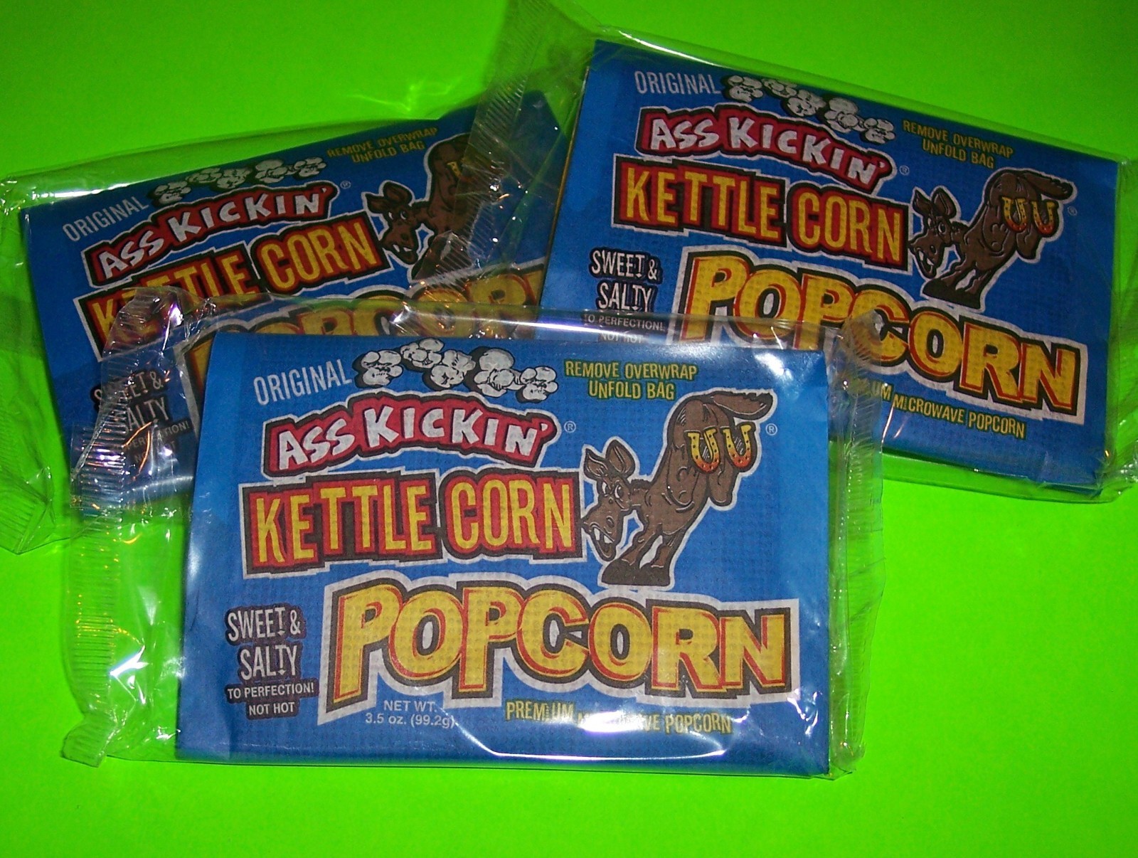 ASS KICKIN’ KETTLE CORN MICROWAVE POPCORN-(3) X 3.5 OZ. BAGS, GREAT SWEET FLAVOR