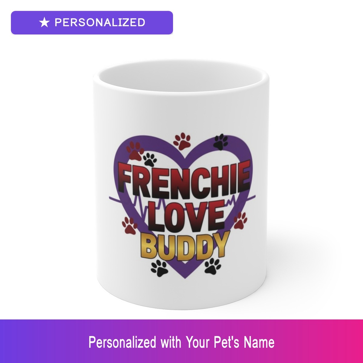 Custom French Bulldog Frenchie Paw Print Heartbeat Mug Personalized Pet Name