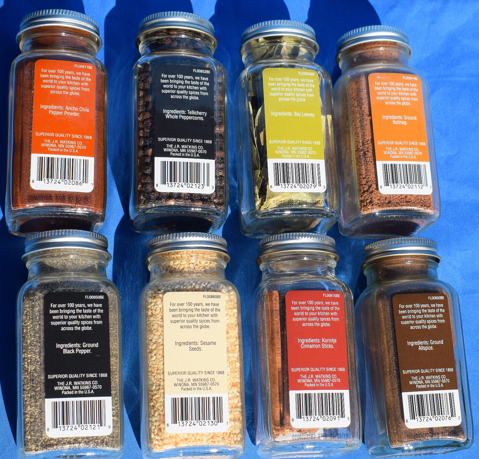 Square Glass Bottles Watkins Spices, Pepper, Cinnamon, Seasame, Nut-Sealed NOS
