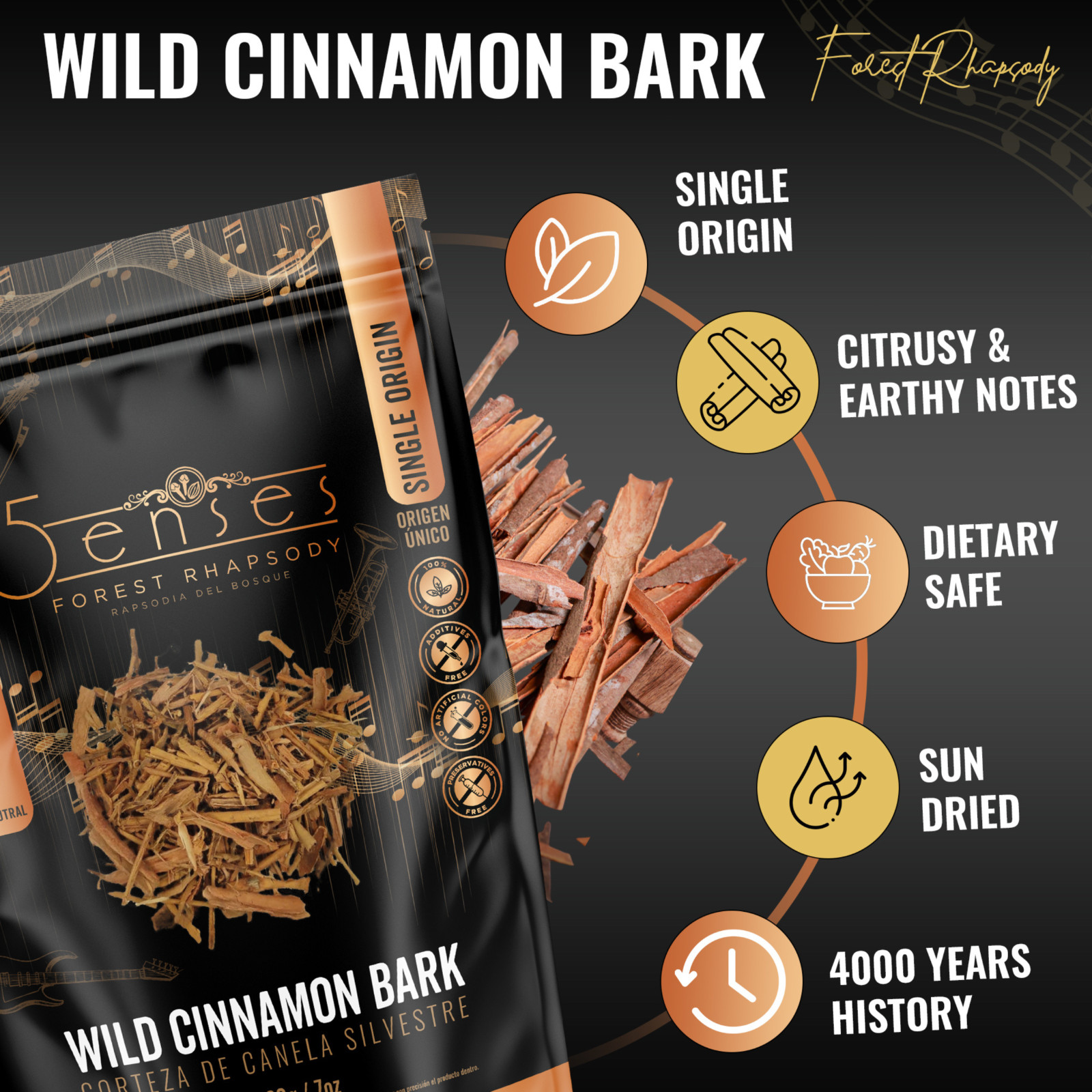 5Senses Wild Cinnamon Bark | Canela | Single Origin Non-GMO, Fairtrade