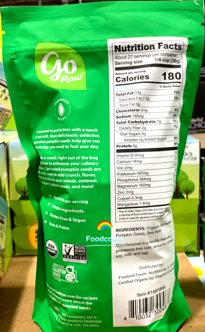 2 Packs Go Raw Organic Sprouted Pumpkin Seeds with Sea Salt 22 oz Each
