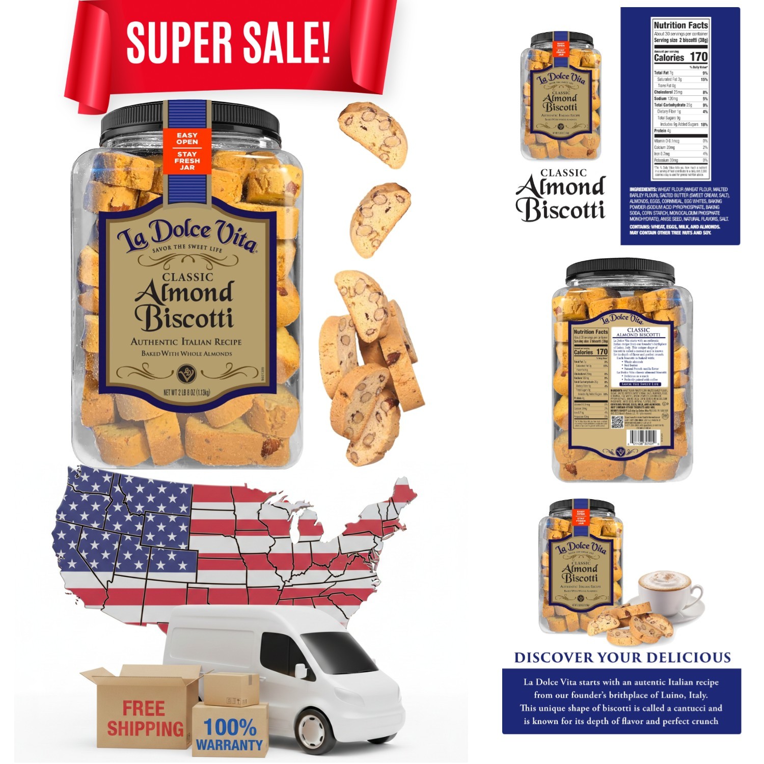 La Dolce Vita Classic Almond Italian Biscotti Cookies, Gourmet Coffee & Tea D…