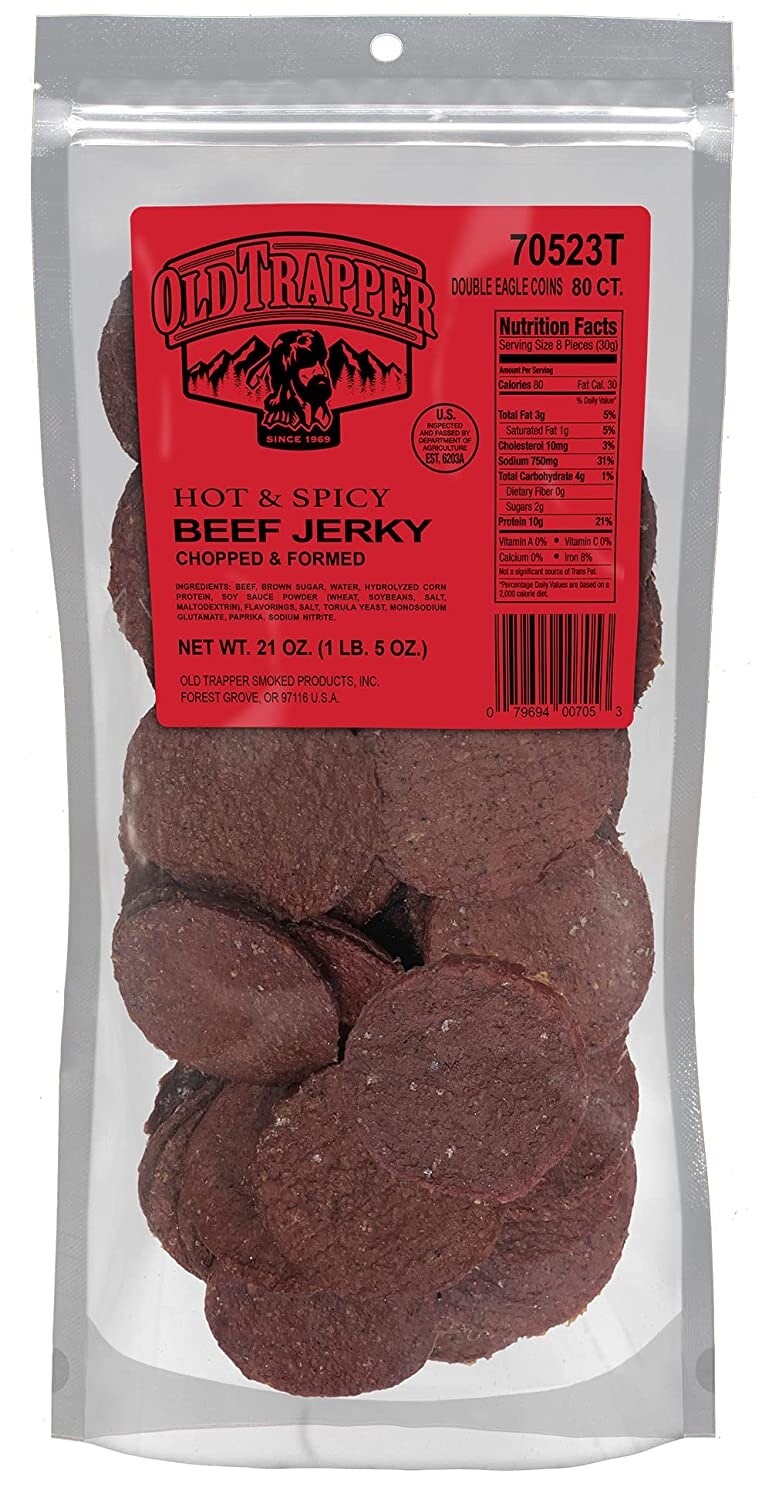 Old Trapper BEEF JERKY (8 Bags) 80 ct Hot & Spicy REFILL 1.3 Pounds Double Eagle