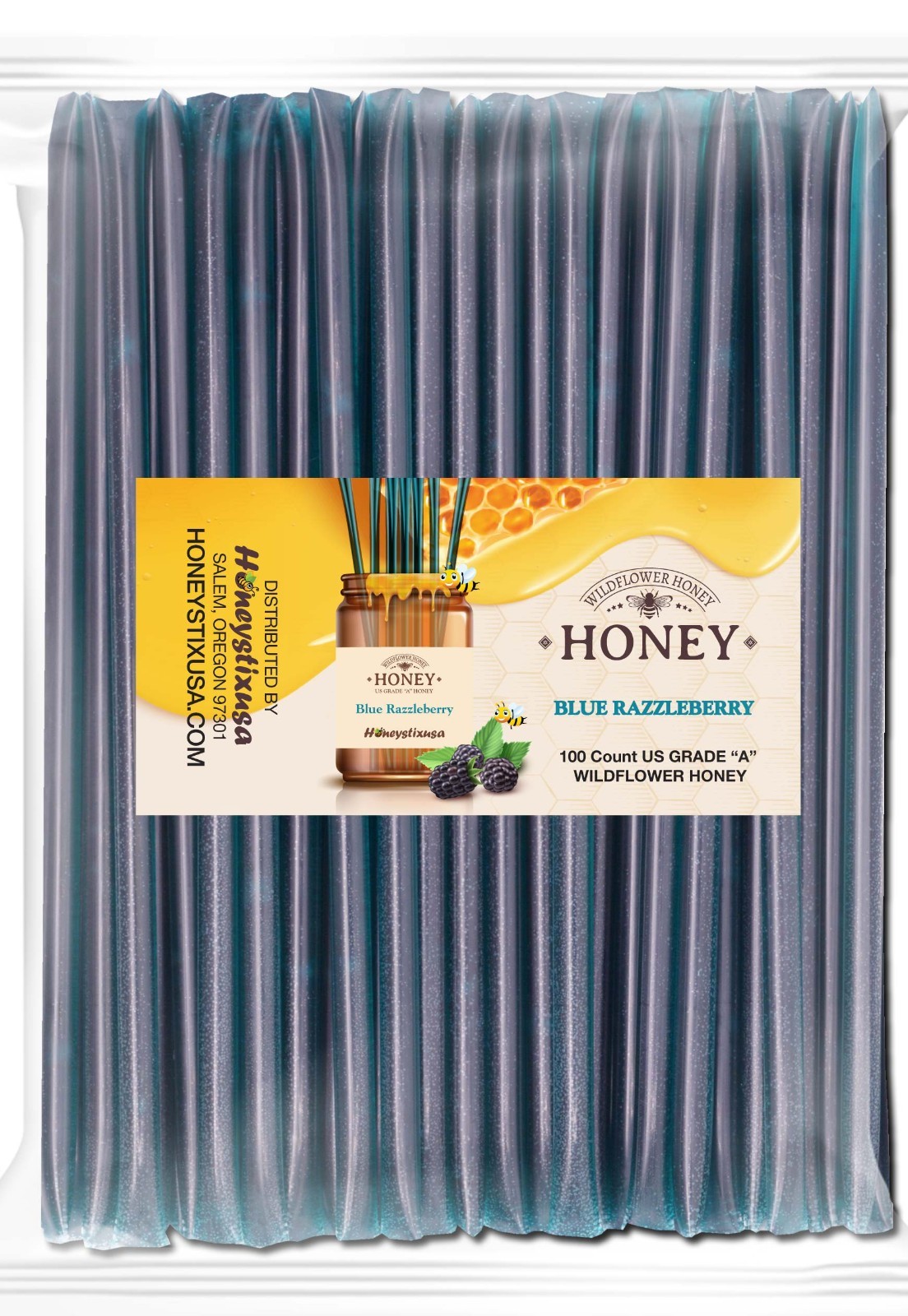 Honeystixusa Blue Razzelberry Flavored Raw Honey Sticks Pack of 100