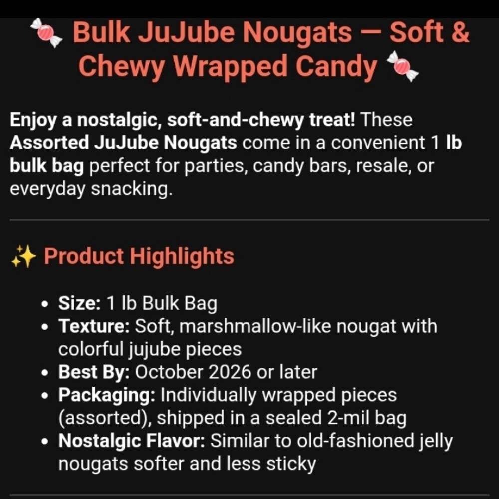 Jujube Nougat Candy Sour 1 Pound Individual Wrapped Soft and Chewy Delicious 😋