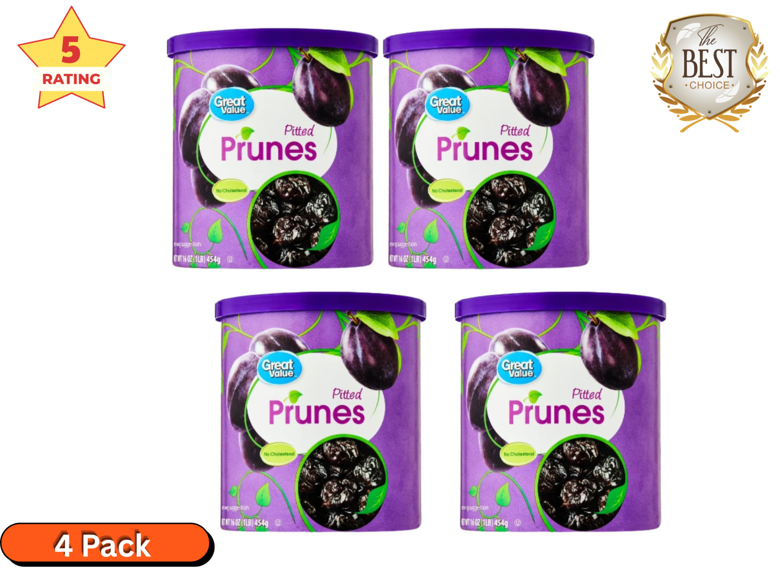 Great Value Unsweetened Prunes 16 oz Canister 4 Pack Bulk Dried Fruit