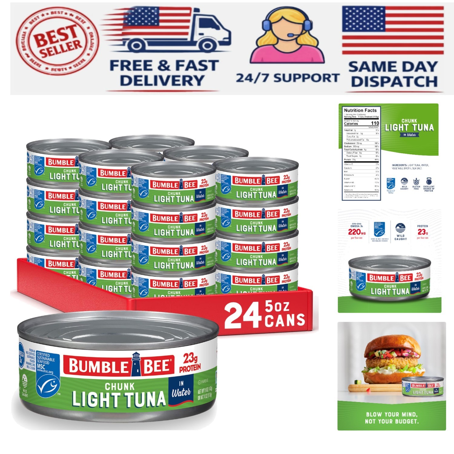 Delicious and Sustainable: 24 Cans of Wild Caught Chunk Light Tuna – 23g Protein