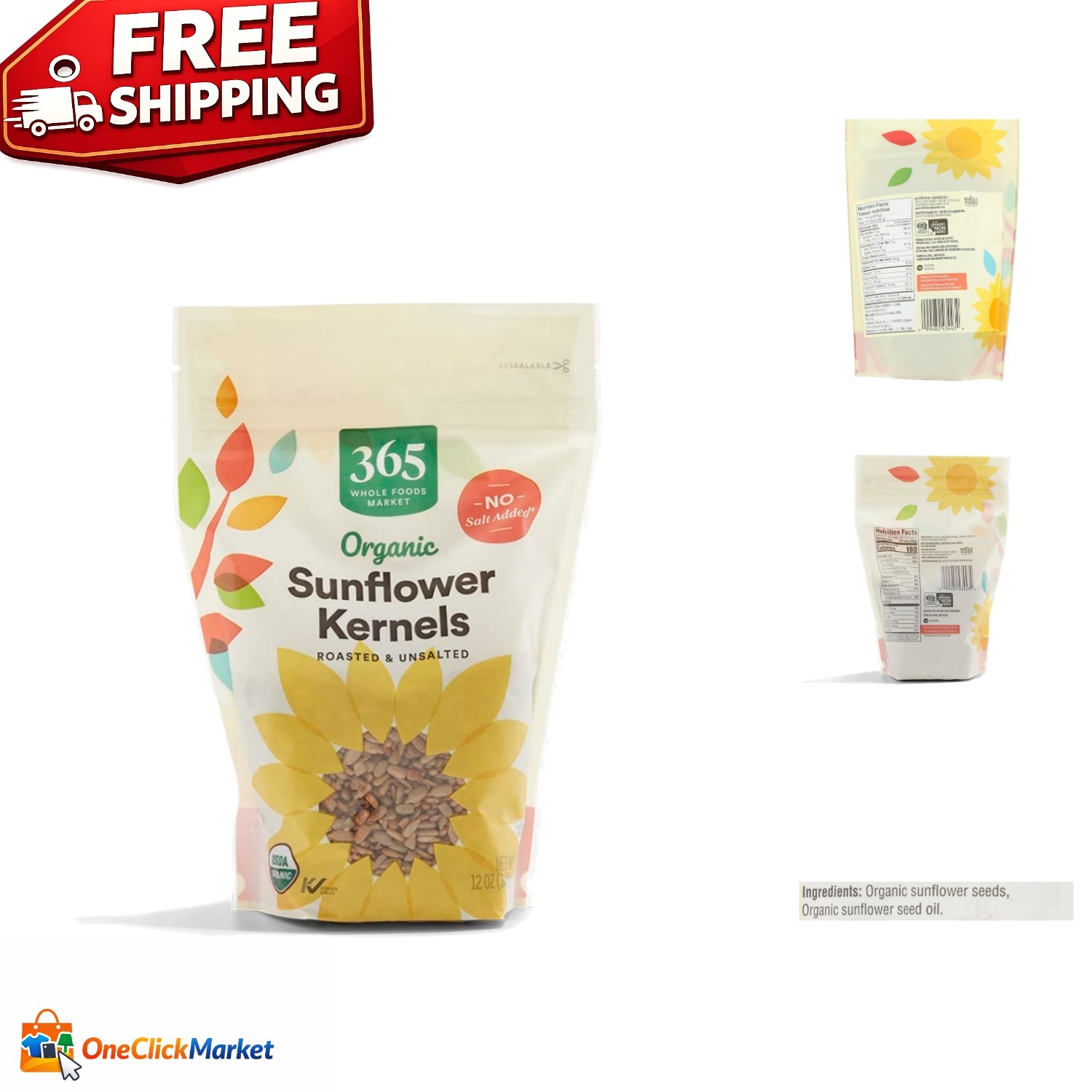 USDA Organic Unsalted Sunflower Kernels – 12oz Resealable Pack for Freshness