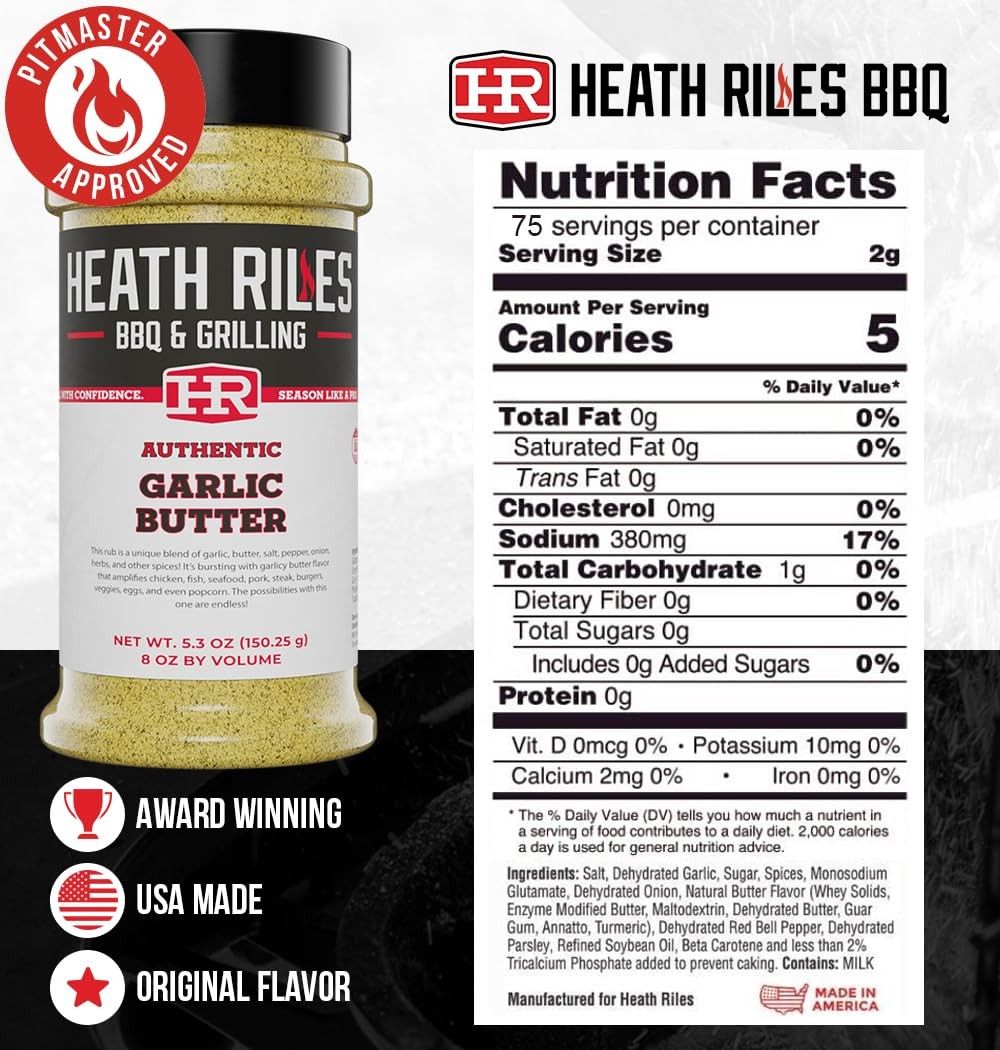 Heath Riles BBQ Rub Garlic Butter Seasoning, Champion Pitmaster Recipe, 8 oz.